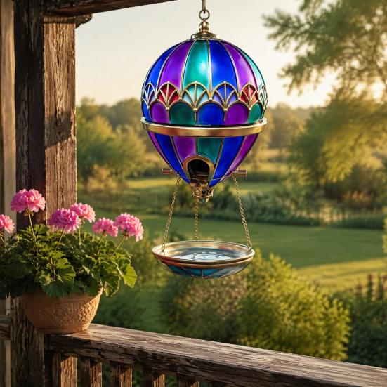 Bird Food Dispenser with Water Basin Hot Air Balloon Feeder, Retro Stained Glass Art Feeder Feeding Station Tray, Hanging Bath for Outdoor Garden