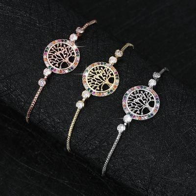 Luxury Tree Of Life Bracelet Rose Gold Silver Color Bracelets For Women Cute Rainbow Cubic Zirconia Party Chain Bracelet