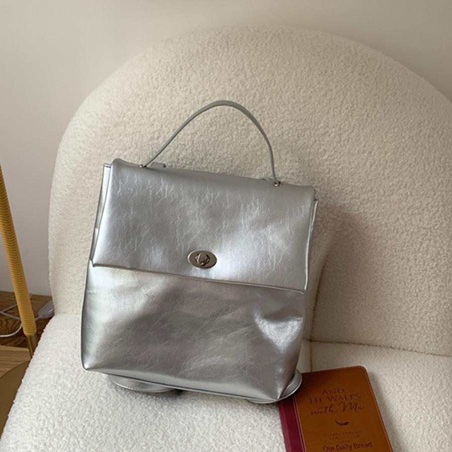 Simple large capacity commuter flip backpack for women korea shoulder bags casual travel work rucksacks silver/black bagpack sac