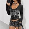 Y2K Spring and Autumn Printed Tight Fit Fit Top Round Neck Women's Wear