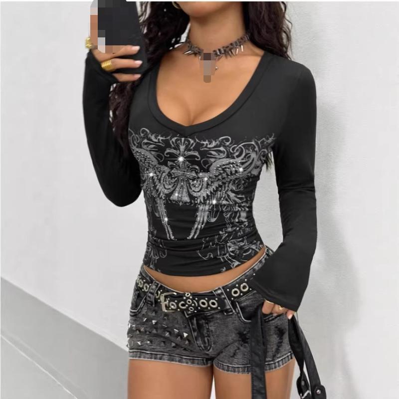 Y2K Spring and Autumn Printed Tight Fit Fit Top Round Neck Women's Wear