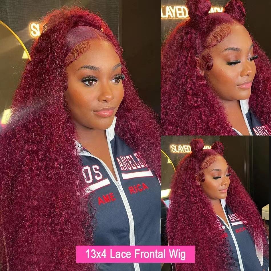 Front lace lace wig, European and American ladies small curly lace long curly hair burgundy wig small lace wig headgear
