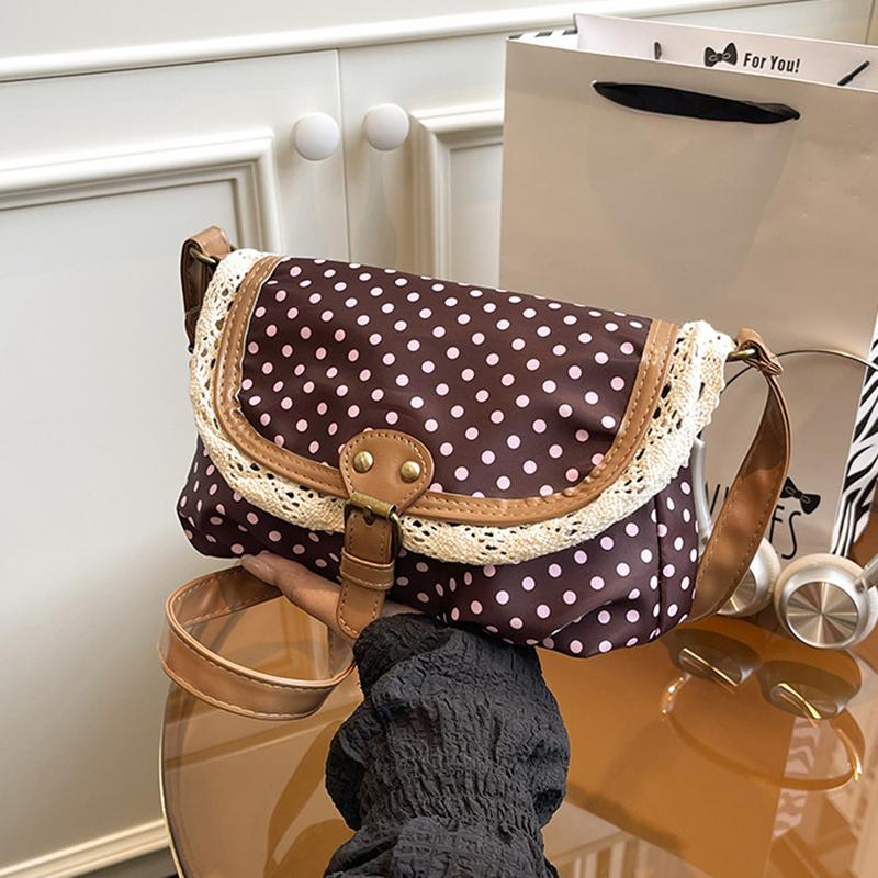 Korean-style Fashion Canvas Crossbody Bag New Polka Dot Lace Shoulder Bag Sweet Exquisite Retro Contrast Color Design Women Bags KTB 21x7x16cm красный