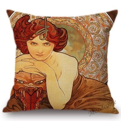 Vintage European Art Nouveau Mucha Gallery Decorative Sofa Pillow Cover Beautiful Beauty Girl Cotton Linen Luxury Cushion Cover