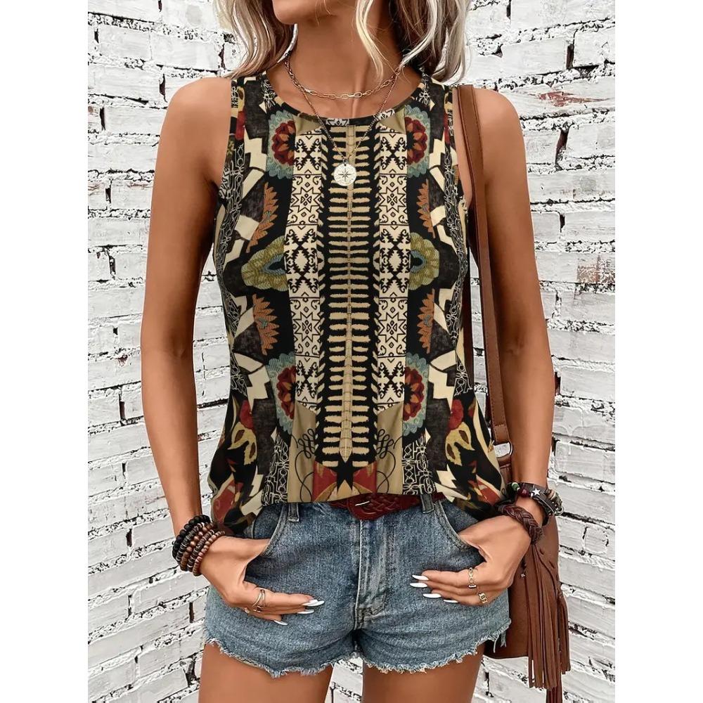 Women's Sleeveless Round Neck Vest with Retro Ethnic Print