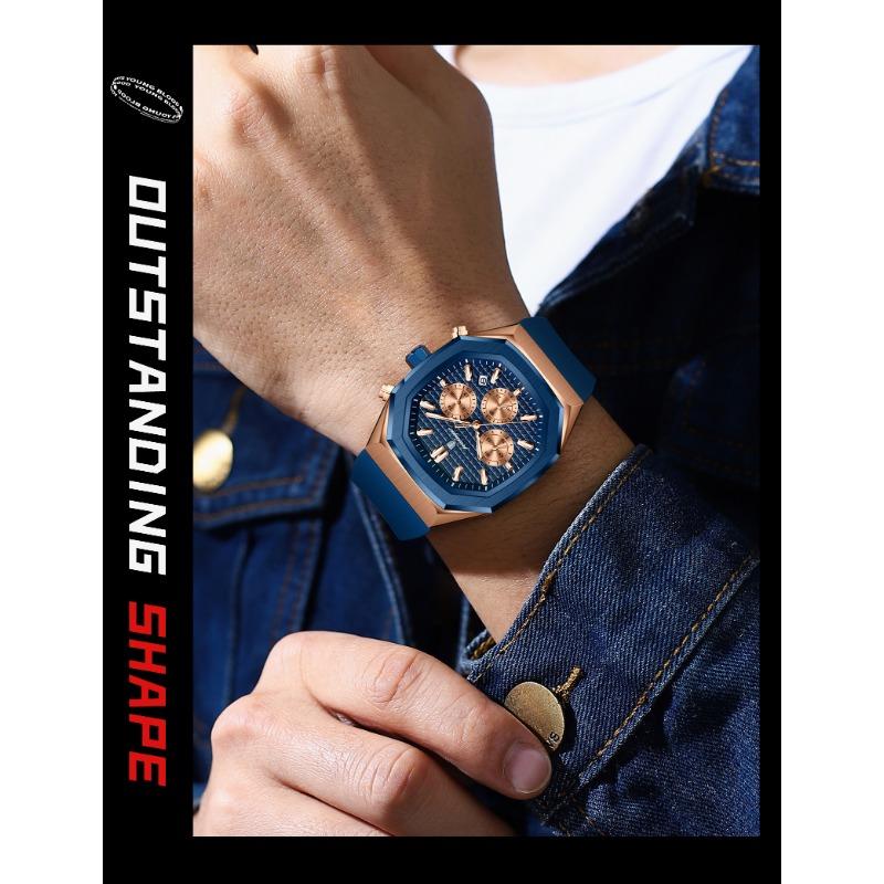 POEDAGAR Functional Watch for Men Date Chronograph Luminous Waterproof Silicone Classic Male Watch Quartz Original Watches