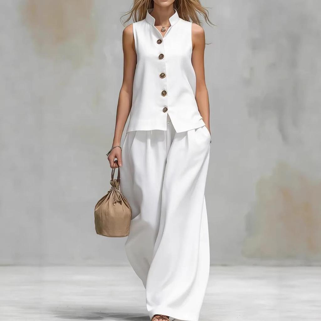 2026 European & American Summer V-neck Vest and Long Pants Fashion Set