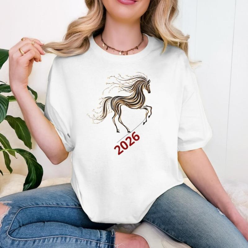 2026 Year of The Horse Cotton TShirt Lunar New Year Zodiac Tee Artistic Running Horse Design Chinese Horoscope Gift Tees