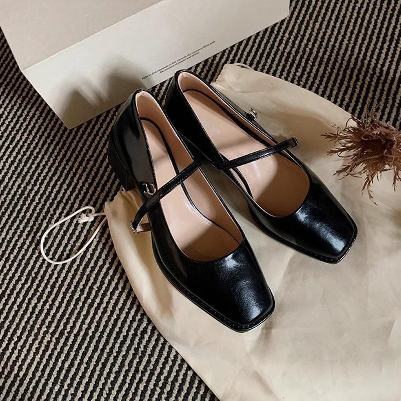 Grape mother has the same temperament, square head and thin word with light mouth commuting thick high heel Mary Jane single shoes women