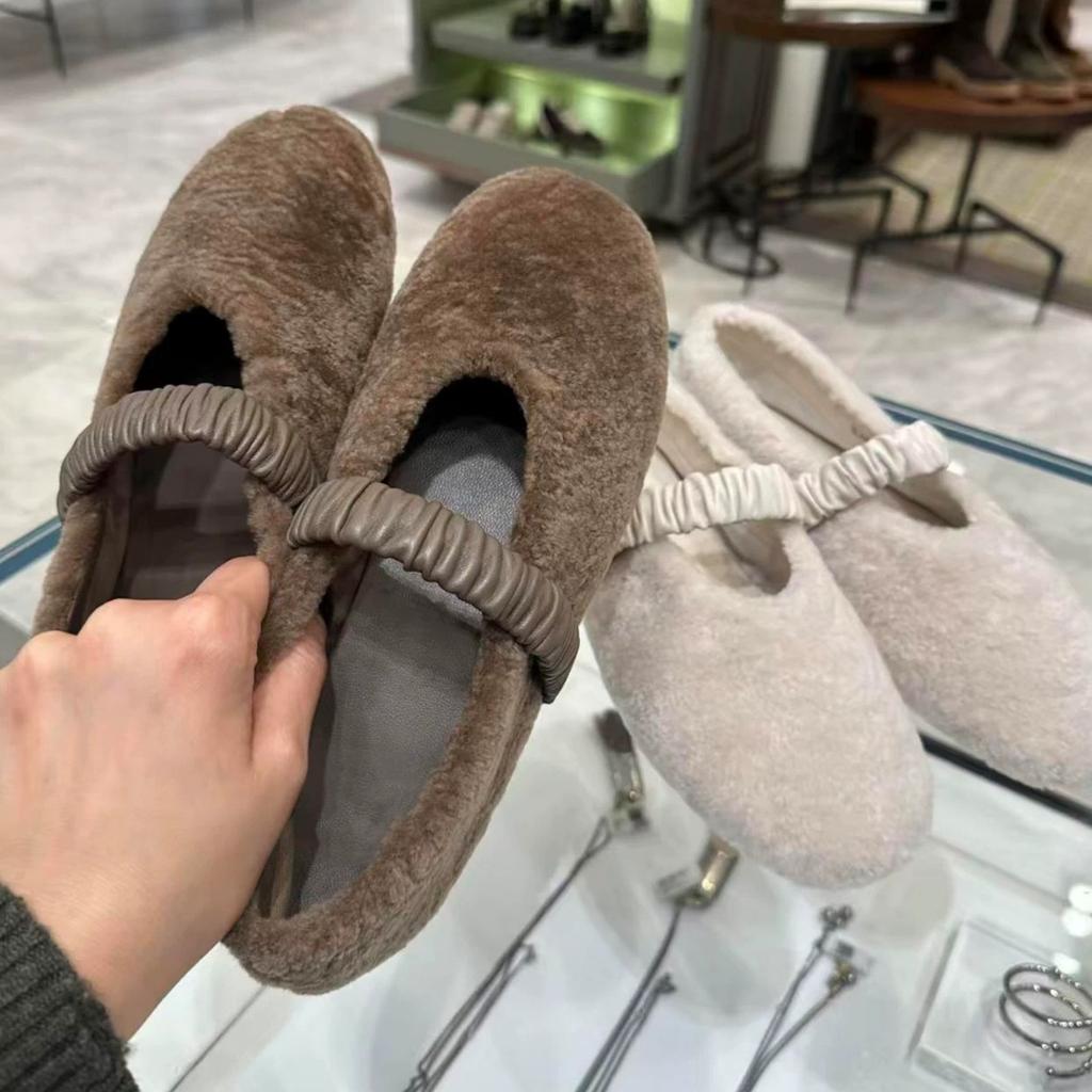 Sheepskin Version~ Gentle Wind Round Head Shallow Mouth Flat Bottom One Word with Mary Jane Shoes Fluffy Shoes Women's Winter Cotton Shoes Single Shoe