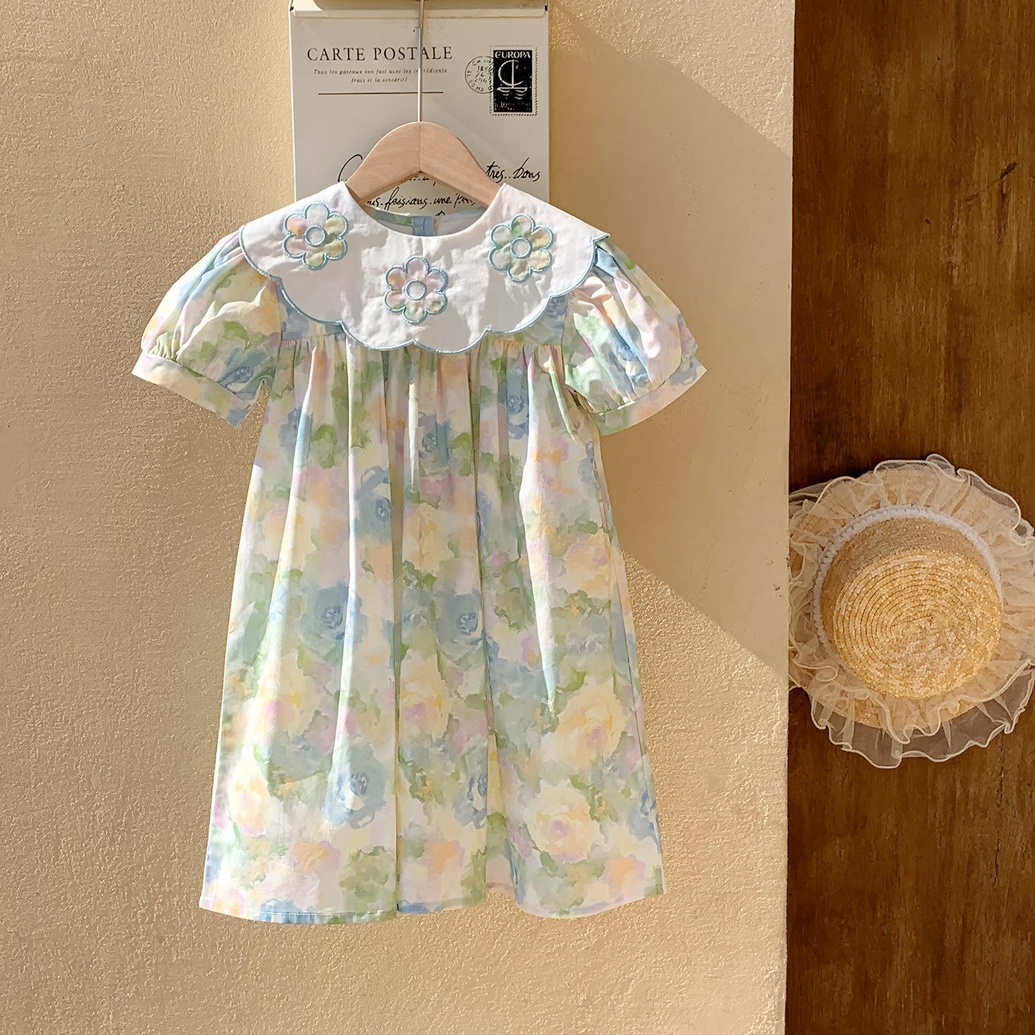 Girls Summer Dress Oil Painting Print Peter Pan Collar Puff Sleeve Floral Embroidery Baby Girl Casual Sundress 90cm