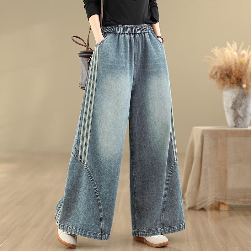 DIMANAF 2026 Summer New Plus Size Jeans Women Elastic Waist Long Pants Loose Casual Denim Cotton Trousers Blue Pants