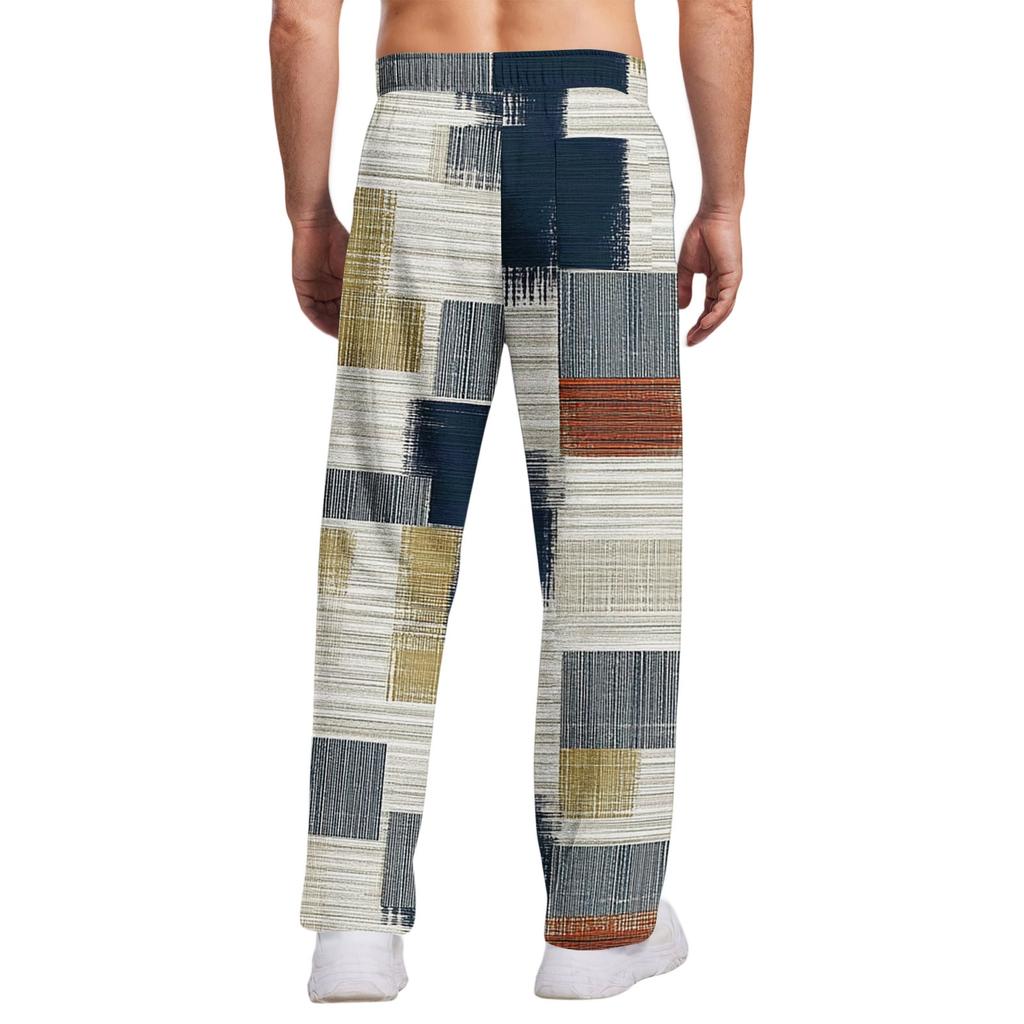 Herr Casualbyxor med fickor | Randig rutig tryckt, lös rak ben, elastisk midja med dragsko för daglig och avslappnad användning