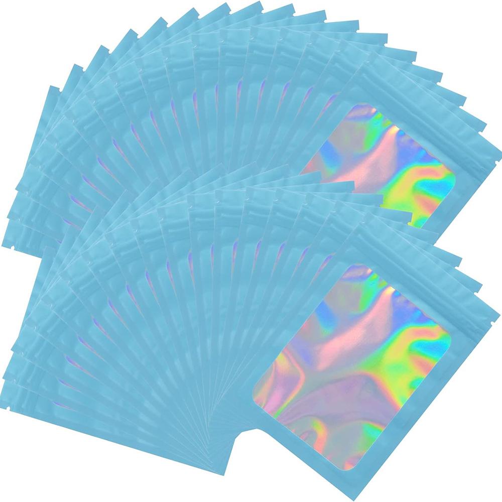 50pcs Holographic Laser Mylar Bags - Thick, Smell Proof, Zip Lock Pouch for Jewelry, Gifts, Retail Storage