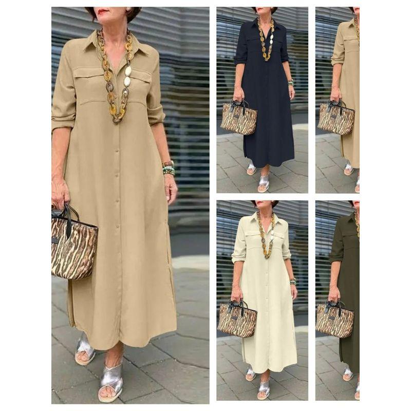Loose Long-Sleeved Lapel Dress Elegant Solid Long sleeve Button Lapel Plus size dresses