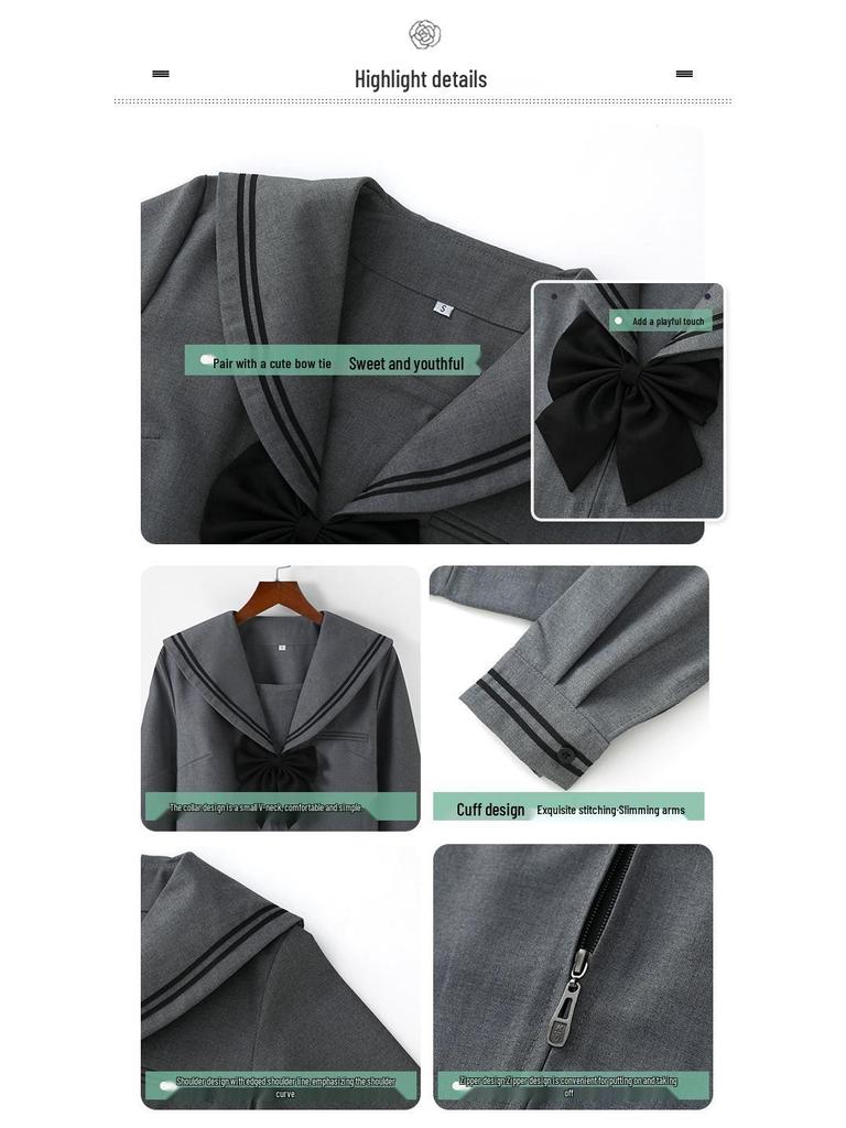 Autentický japonský šedý námořnický oblek pro dívky (JK) se skládanou sukní