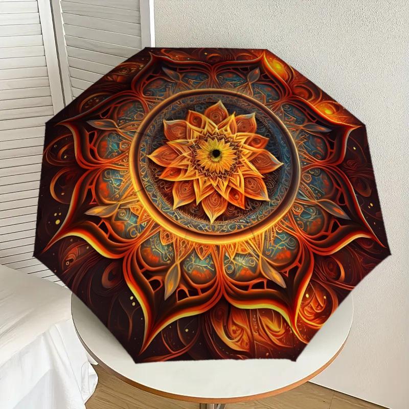 

1pc Mandala with fiery lotus design. Umbrella with Plastic Handle,Suitable for All Seasons Home Travel Outdoor UmbrellaDD1156