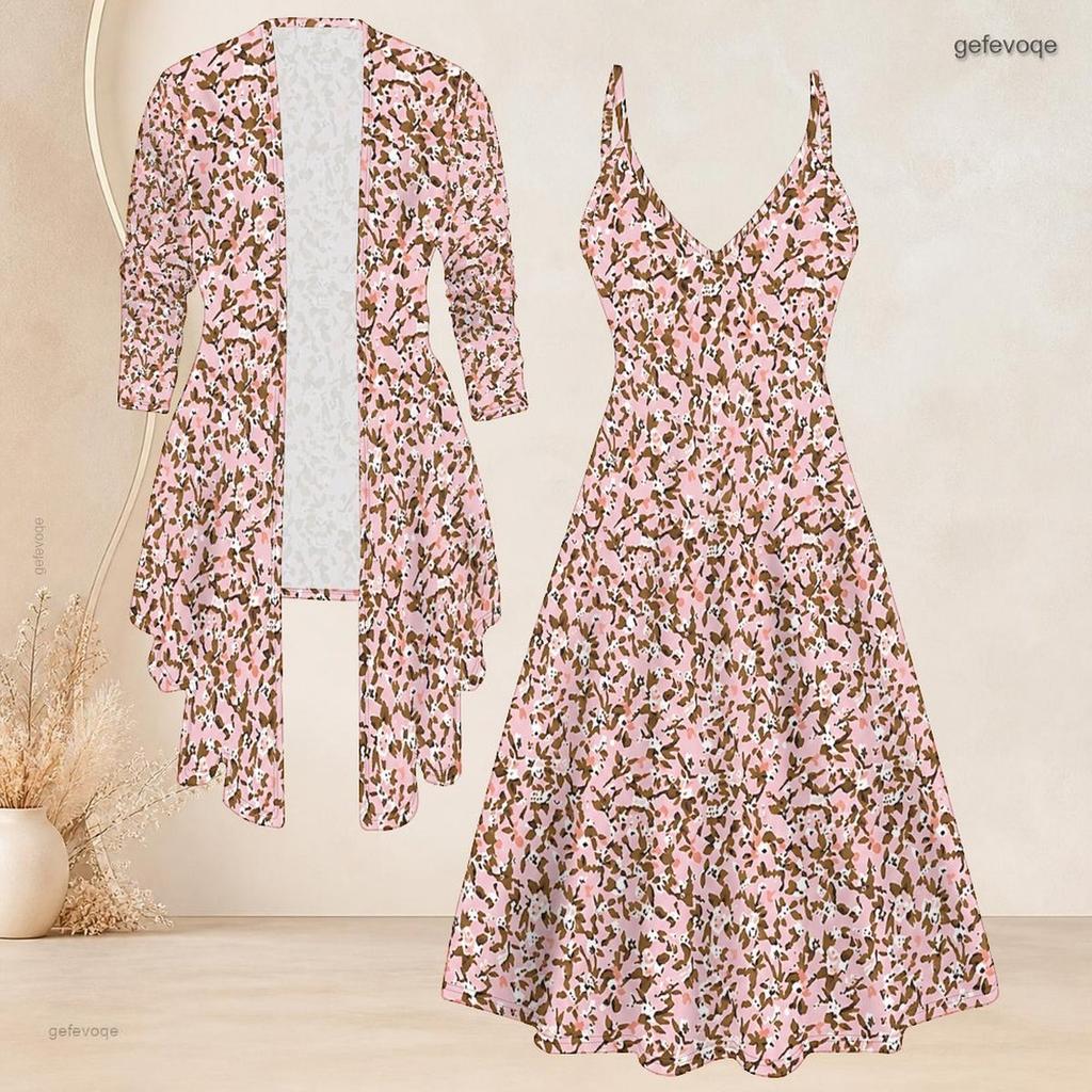 Women Plus Size Two Piece Coordinate Long Sleeve Outerwear Cami Maxi Dress