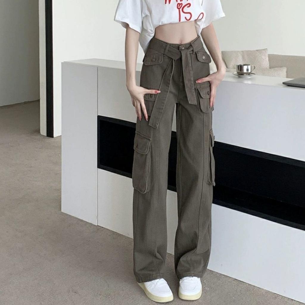 American Vintage Cargo Pants Women's High Street Casual Student Plus Size High Waist Loose Straight Wide Leg Pants