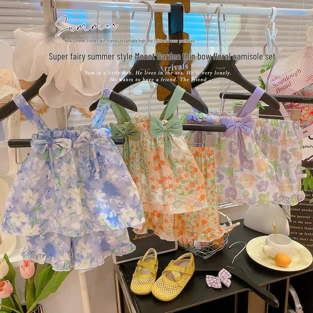 Girls' Summer Bow Strap Dress & Shorts Set - Stylish Vacation Outfit