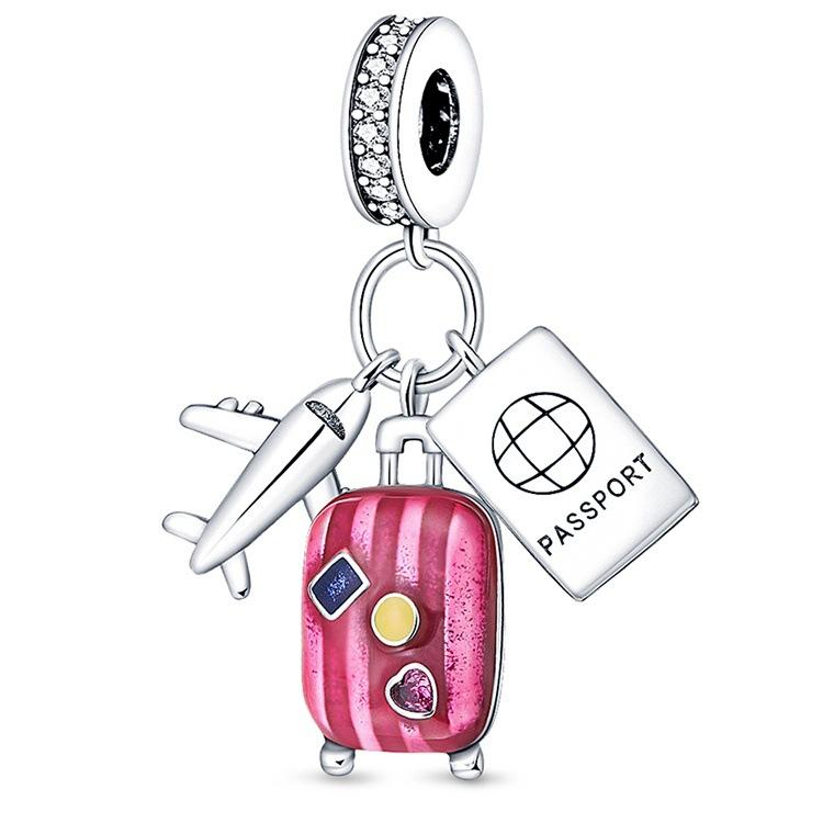 S925 Silver Travel Theme Airplane Luggage Camera Charm Beads DIY Bracelet Jewelry Accessories Set