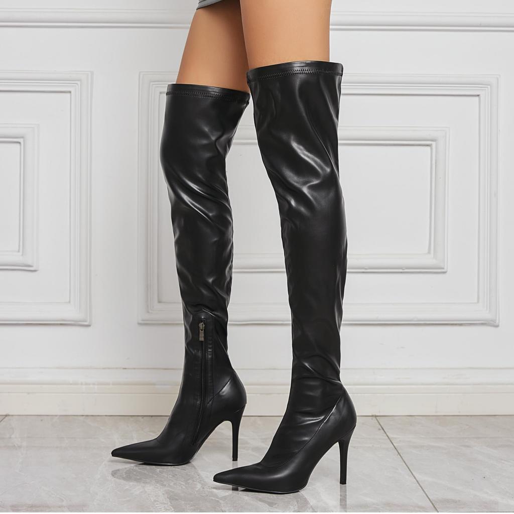 Übergröße Spitz Weiches PU Ultrahoher Schlanker Absatz Reißverschluss Damen Overknee Stiefel Herbst Atmungsaktives Futter Schlupf Langstiefel