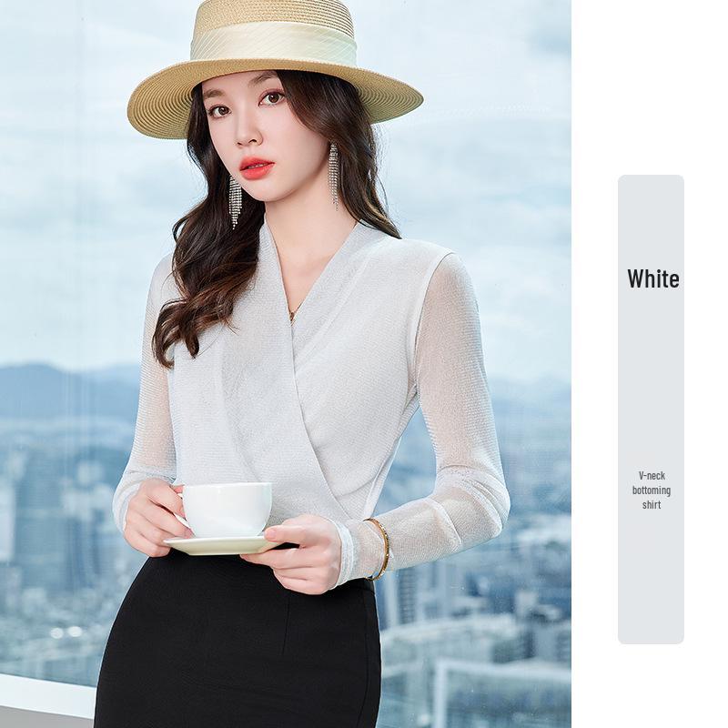 Blůza s dlouhým rukávem ze síťoviny Lurex s výstřihem do V - Dámský slim fit na jaro/podzim