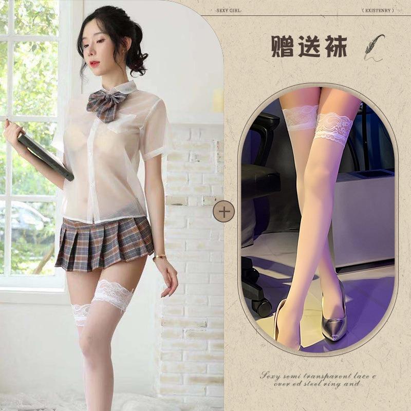 Sexy lingerie girls' school wear transparent shirt short skirt girls' uniform suit pure and sweet temptation tight