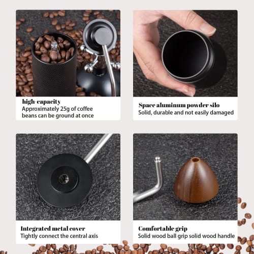 Manual Coffee Grinder with 25g Capacity, Stainless Steel Burr and Wooden Handle, for Home, Office, Camping, and Hiking (Black)