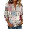 Women Vintage Floral Print Patchwork Henley Button Neck Three Quarter Sleeve Cotton Linen Shirt Casual Loose Fit Blouse