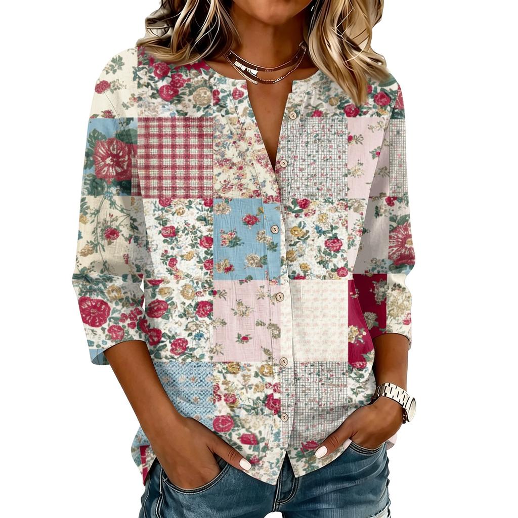 Women Vintage Floral Print Patchwork Henley Button Neck Three Quarter Sleeve Cotton Linen Shirt Casual Loose Fit Blouse