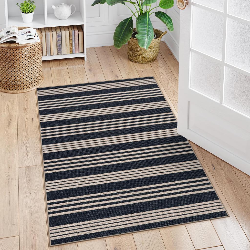 Indoor/Outdoor Rug - Black & Beige Checks/Stripes - Weather - Resistant, Non - Slip - Patio/Living Room Decor - HomeDecor
