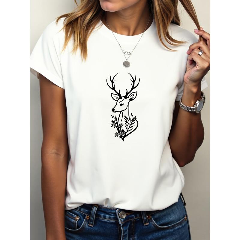 

Женская футболка с принтом оленя, круглым вырезом и коротким рукавом - Модная блузка в стиле Y2K с узорами оленей и на шее, Машинная стирка, Комфорт на все сезоны, S белый