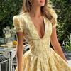 French Sweet Fresh Butterfly Shoelace Puff Sleeves Floral Dress Female Dopamine Wear Match A- Line Pleated Skirt