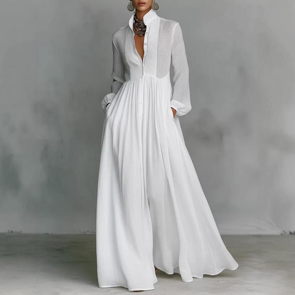 2026 Elegant Waist-Cinching Slim Pleated Long Holiday Dress - French White