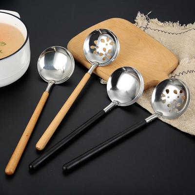 Japanese-Style Wooden Handle Slotted Spoon & Ladle Set - Stainless Steel Heat-Resistant for Soup, Ramen, Hot Pot, Mala Tang.