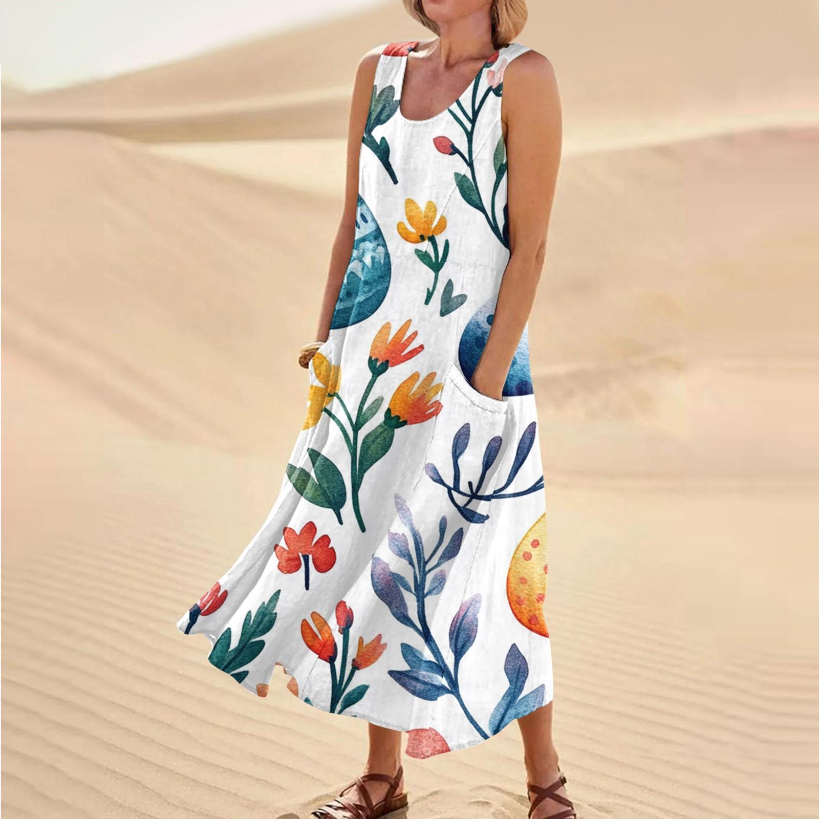 Women s Summer Casual Fashion Easter Printed Sleeveless Round Neck Pocket Dress L