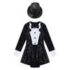 Girls Sequin Patchwork Leotard Long Sleeve Round Neck Bow Tie Zipper Paillette Fedora Hat Role Play Dress Up