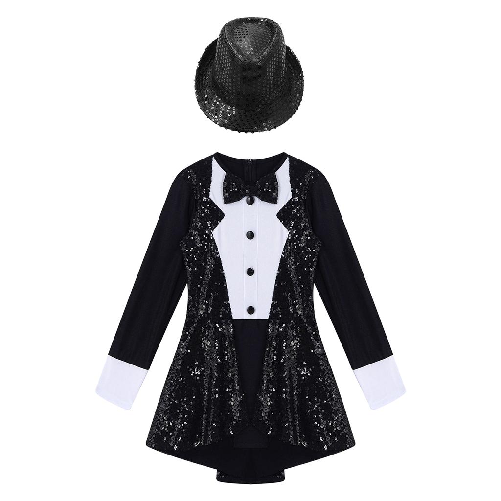 Girls Sequin Patchwork Leotard Long Sleeve Round Neck Bow Tie Zipper Paillette Fedora Hat Role Play Dress Up