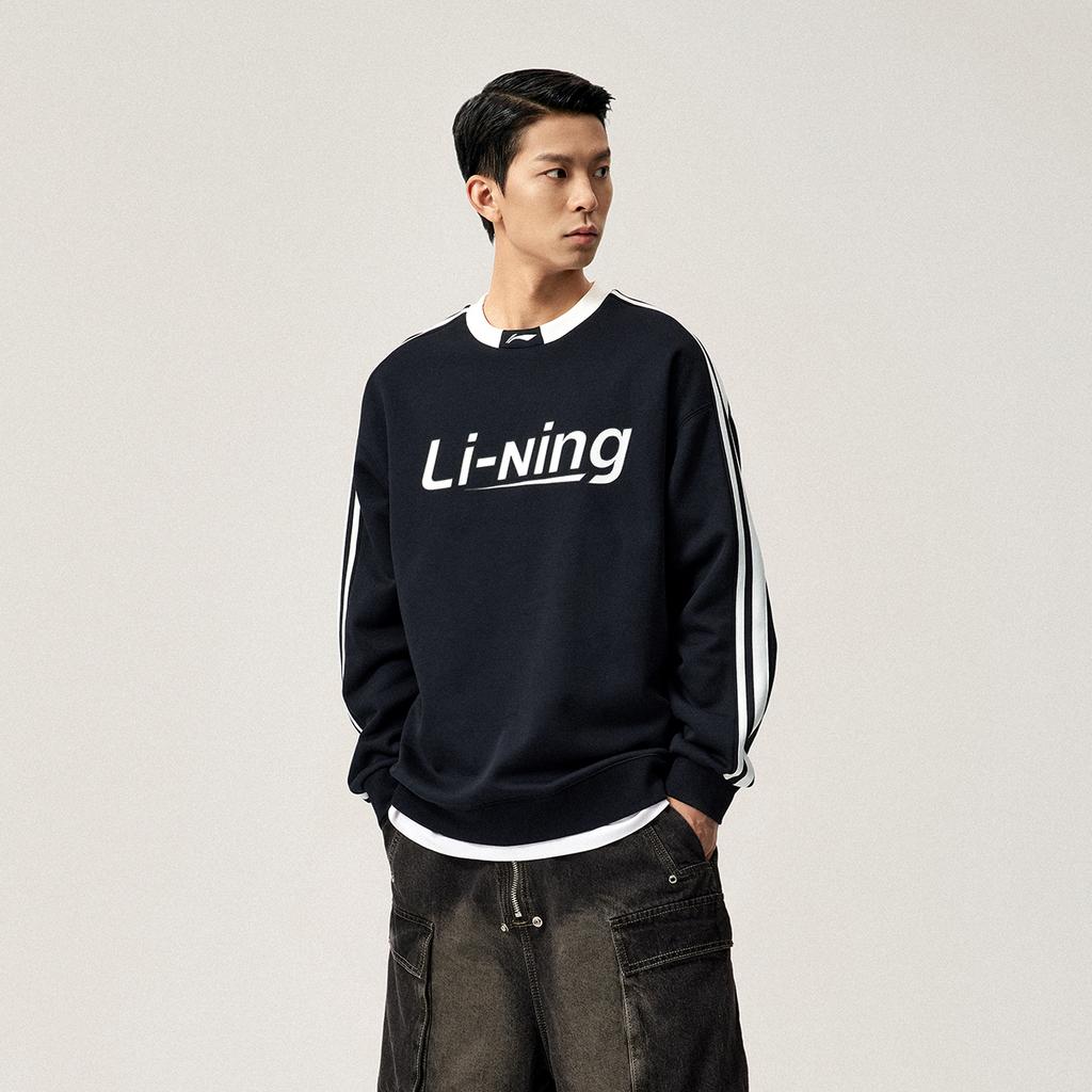 Li Ning Sports Fashion Series Anti-Static Anti-Bacterial Fleece Warm Letter Crew Neck Long Sleeve Sweatshirt Unisex Sweatshirt Black AWDUB71-6