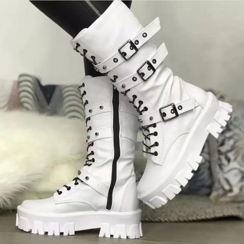 Women's Autumn Uk Style Boots Mid-high Heels Punk Attitude Long Tube Knight Boots Rubber Upper