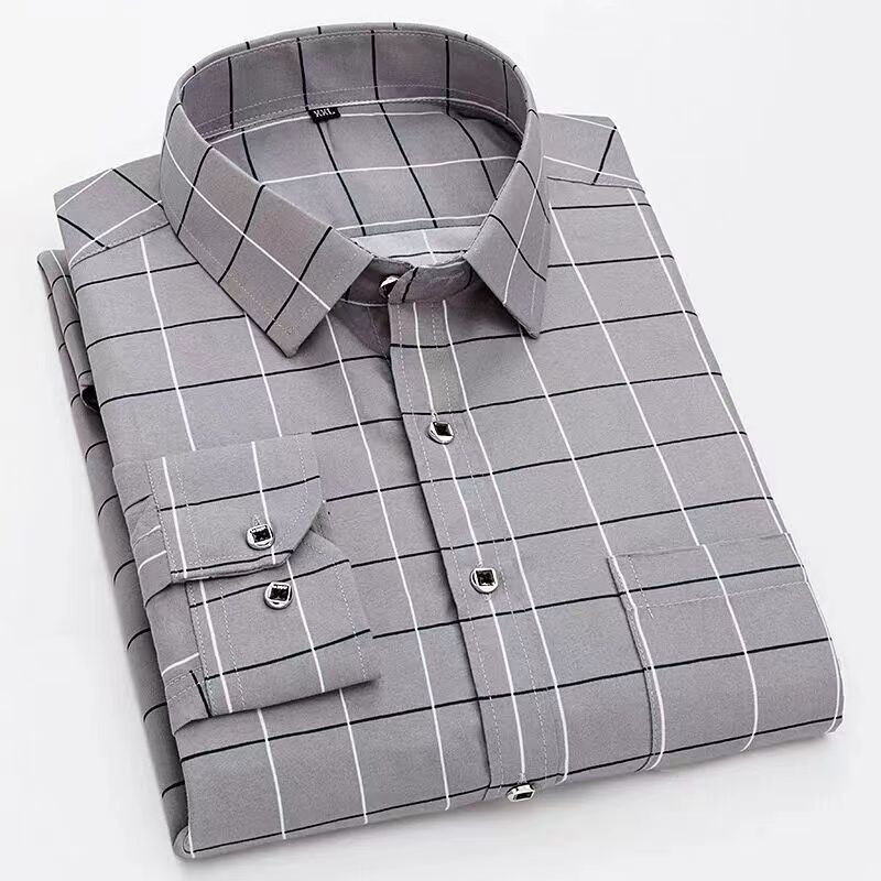 Mens Dress Shirts Striped Long Sleeve Plaid Checked Shirt Smart Casual Business Non-Ironing Korean Slim Fit Formal Blue White