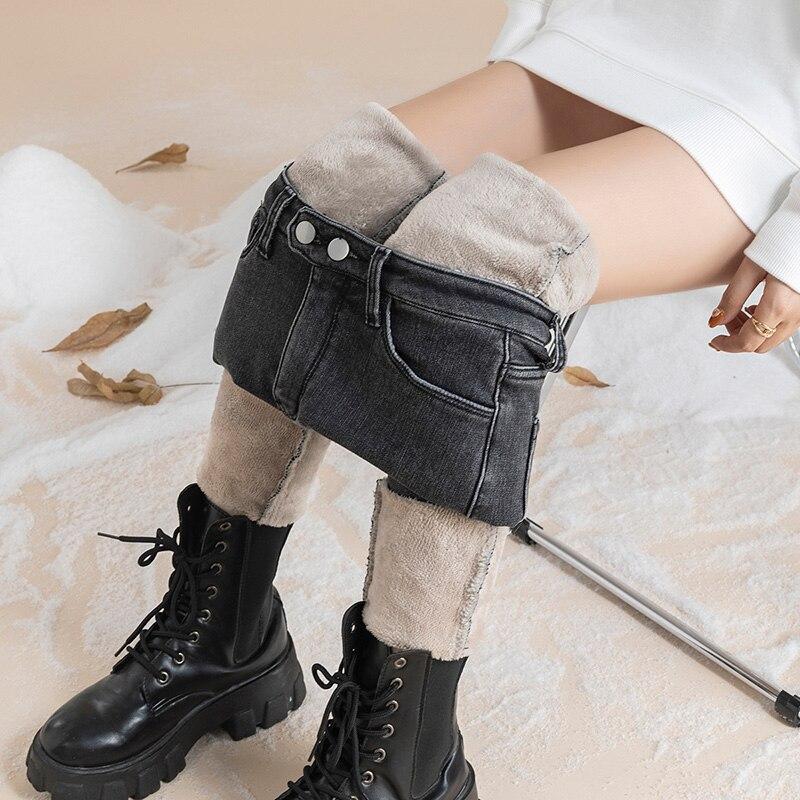 2022 Winter Korean Stytle Thick Pants Streetwear Trousers Fashion Warm Skinny Jeans for Women Female High Waist Slim Trousers