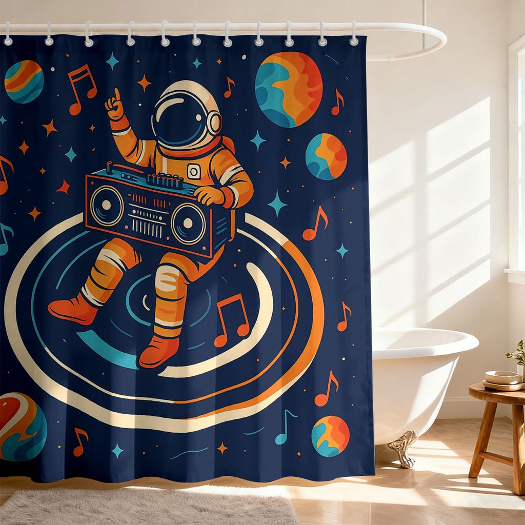 1PC Cartoon Astronaut Boombox Starry Sky Shower Curtain, Waterproof Fabric Bathroom Partition Privacy Hanging Curtain