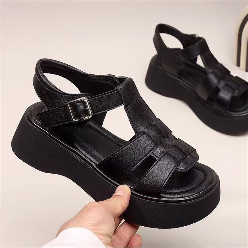 French retro woven thick-soled Roman sandals women's 2025 summer new fashionable versatile hollow one-word sandals