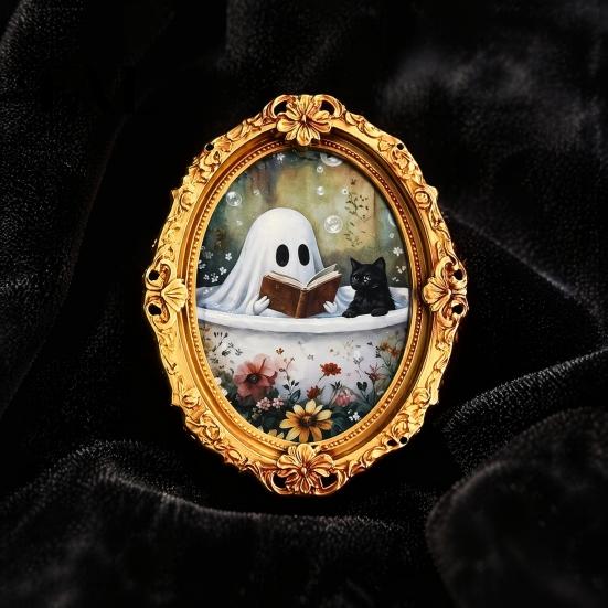 Cute Ghost Oil Painting Magnets Vintage Halloween Fridge Magnet, Retro Gold Frame Refrigerator Decoration Holiday Magnet Set with Strong Magnetic
