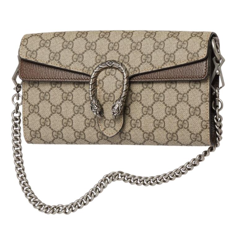 Gucci Dionysus GG Supreme Chain Wallet Beige Canvas Brown Leather Silver Hardware Daily Use 731782-96IWN-8747