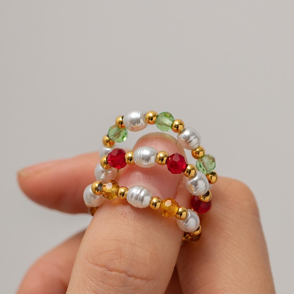 Stylish Design Geometric Crystal Pearl Beaded Ring Ins Style Jewelry For Women