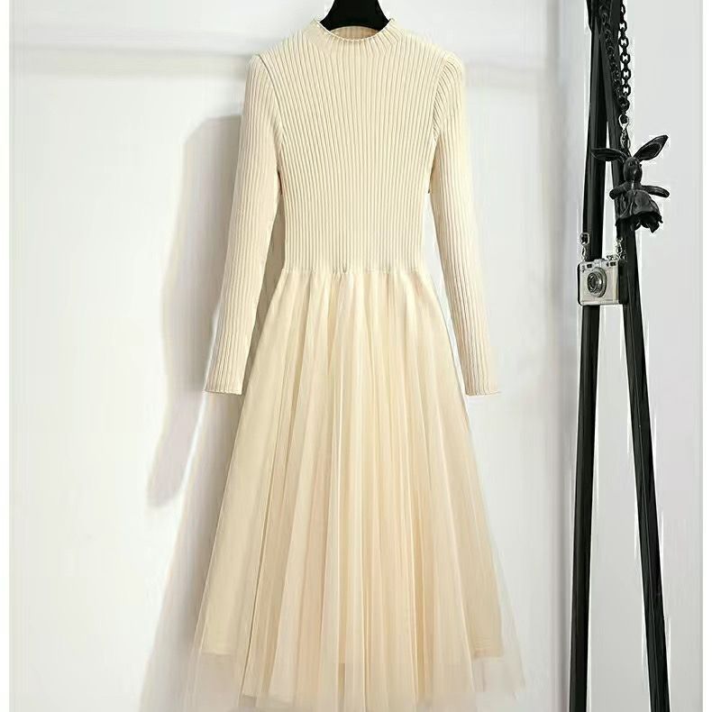 Strikket kjole Dame Vinter Slim Genserkjole Ensfarget Sexy Halvhøy hals Pullover