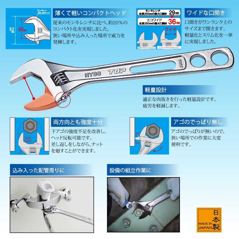 Top Eco Wide Thin Lightweight Wide Adjustable Wrench Opening Adjustable Wrench pieces Tsubame Sanjo Made in Japan (TOP) 12~46mm 6 HY-42